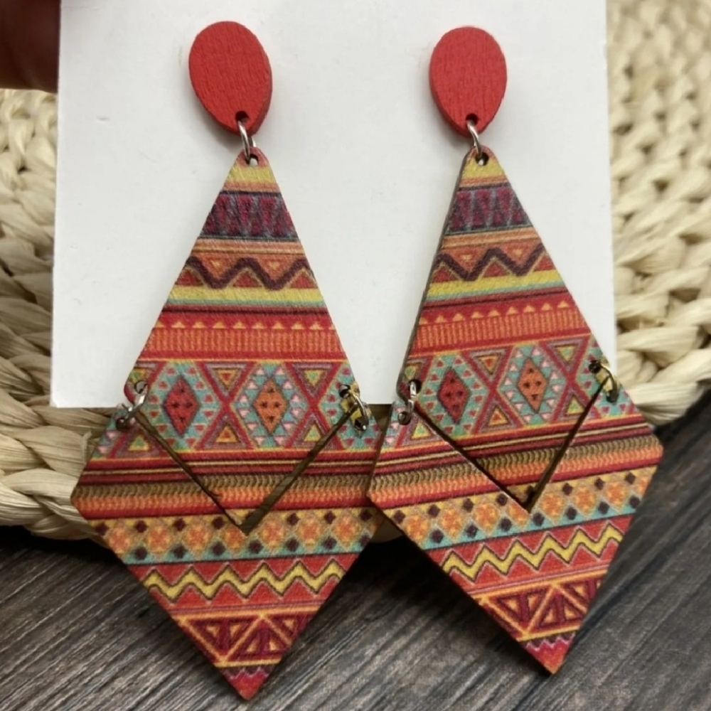 Boho Wood Rhombus Shaped Earrings NWT